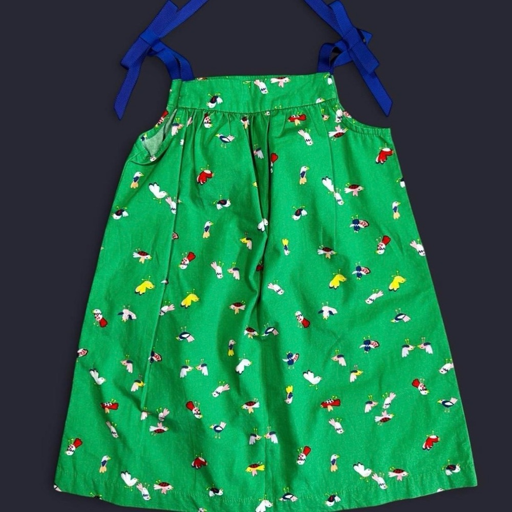 NWOT Hanna Andersson Green Bird Print Dress Blue Ribbons 100% Cotton 18 Months